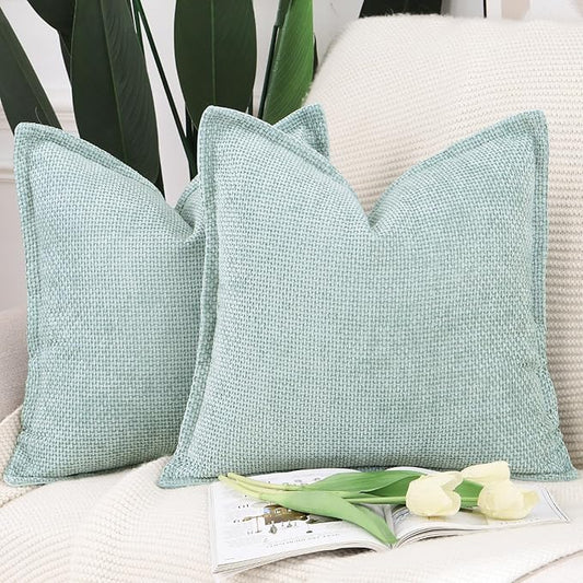 MADIZZ Decorative Chenille Velvet Throw Pillow Covers Set of 2 Soft Boho Textured Neutral Couch Throw Pillow for Bed Modern Farmhouse Home Decor for Sofa Livingroom Aqua Green 20x20 Inch