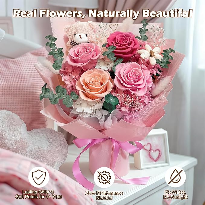 Preserved Flowers Bouquet with Bear&Photo Clip,Last 1-3 Years,4 Real Roses,Flowers for Delivery Prime,Valentine,Mother's day,Anniversary,Birthday Gifts for Grandma Mom Wife Daughter Women Her,Pink