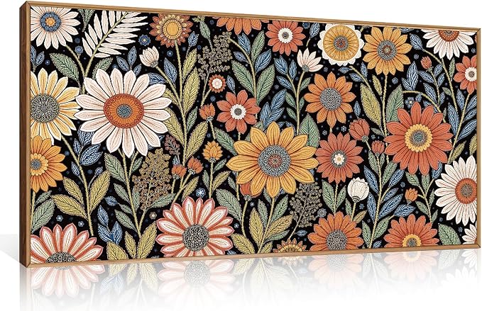 LHIUEM Large Abstract Boho Flower Framed Canvas Wall Art Set,Vintage Colorful Floral Wall Decor,Retro Wildfower Plant Painting,Botanical Artwork for Living Room,Bedroom,Dining Room,Office -20"x40"x1