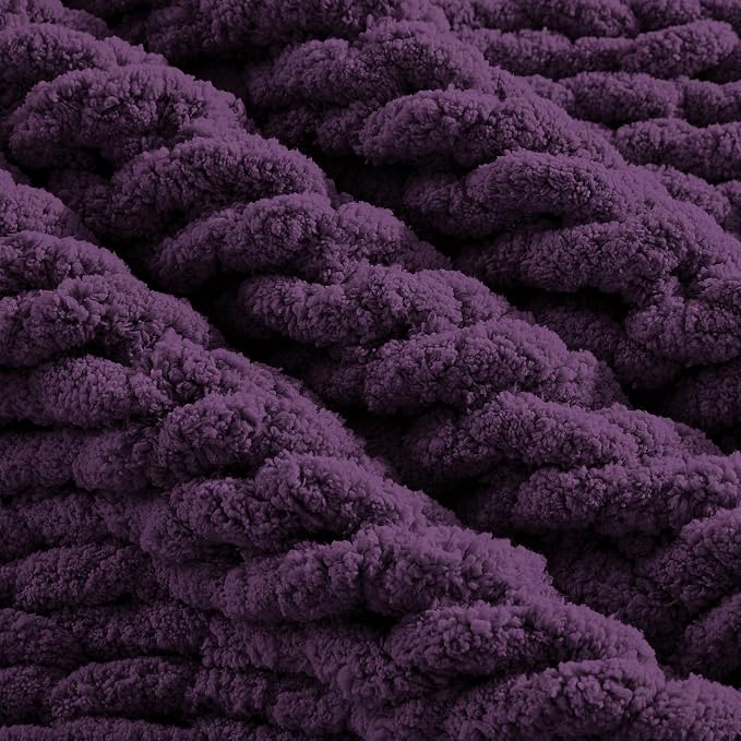Carriediosa Chunky Knit Throw Blanket 50" X 60", 100% Hand Made Large Chenille Loop Yarn Soft Fluffy Throws for Couch Sofa Bed, Big Crochet Cozy Heavy Thick Cable Woven Blanket, Dark Purple
