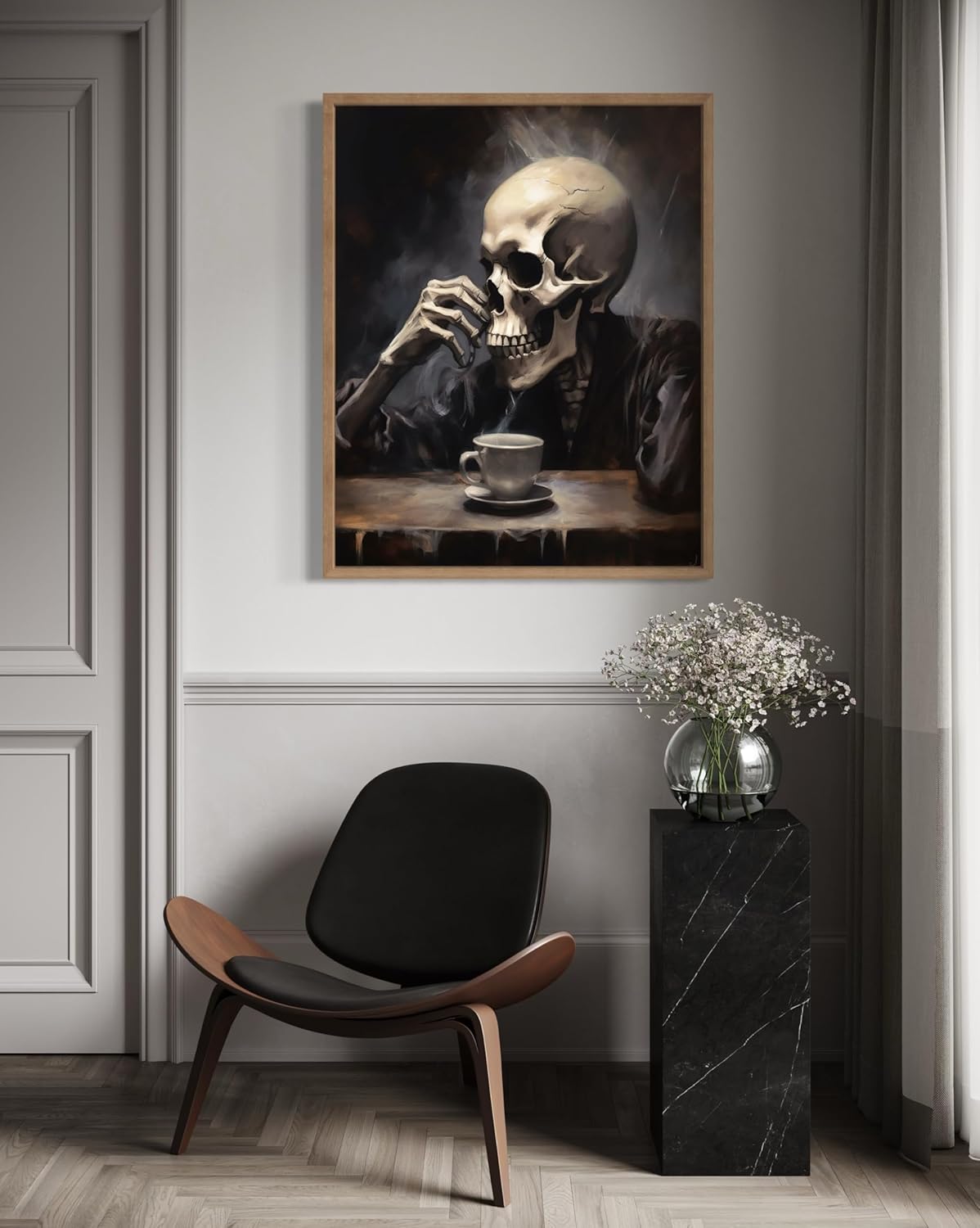 Skull Drinking Coffee Poster Art Print, Halloween Scary Vintage Wall Art Academia Spooky Painting Decoration for Horror Prints, Gothic Posters Bedroom Decor 89 (Skull Drinking Coffee, 16 x 20 inches, Wood Frame)
