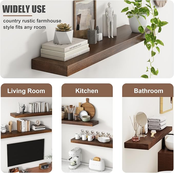 Floating Shelves for Wall, USA-Sourced Walnut Wood 16 Inch Wall Shelves Set of 2, Natural Wooden Mounted Picture Ledge Shelf, Nursery Book Storage Shelf Kids Bookshelf Display, Shelf for Bathroom