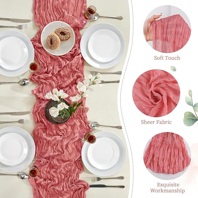 6 Pack Rose Cheesecloth Table Runner 10FT Long Easter Spring Boho Gauze Table Runner Rustic Sheer Runner for Spring Wedding Bridal Baby Shower Birthday Party Table Decor Easter Decorations