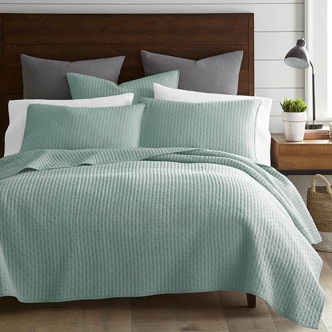 Levtex Home Cross Stitch Reversible King/Cal King Quilt Set (106x92in) with 2 Pillow Shams (36x20in) - Stitch Texture - Blue Haze - Cotton King Size Quilt Bedding Set - Lightweight, Soft, Pre-Washed