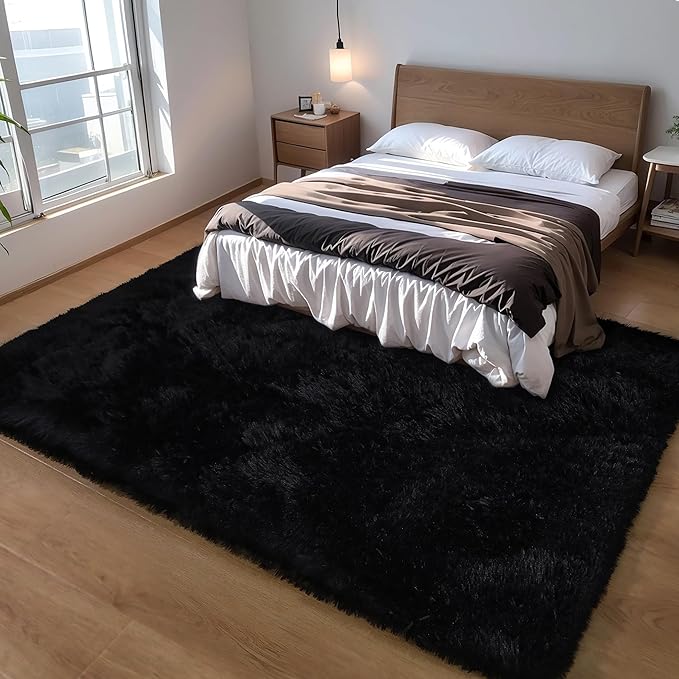 Black Fluffy 9x12 Large Area Rugs for Bedroom Living Room, Soft Washable Shag Carpet for Kids Room, Nursery, Dorm Decor, Colorful Cute Plush Fuzzy Rugs for Baby Toddler