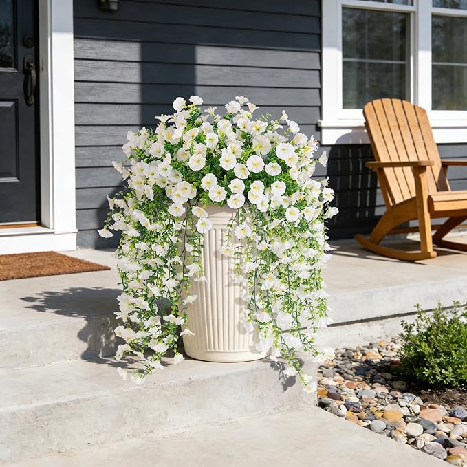 Fake Artificial Hanging Morning Glory Flowers for Outdoor Planters Porch Pation Decoration,2 Bundles UV Resistant Silk Faux Flowers with Realistic Eucalyptus Plants for Home Office Garden Decor(White)