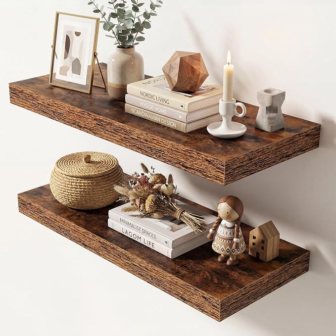 Dreamland 24 Inches Floating Shelves for Wall,9.3" Deep Long Floating Shelves Set of 2,Large Display & Storage Shelf,Wall Shelf for Bathroom Bedroom Living Room Kitchen Office,Rustic Brown