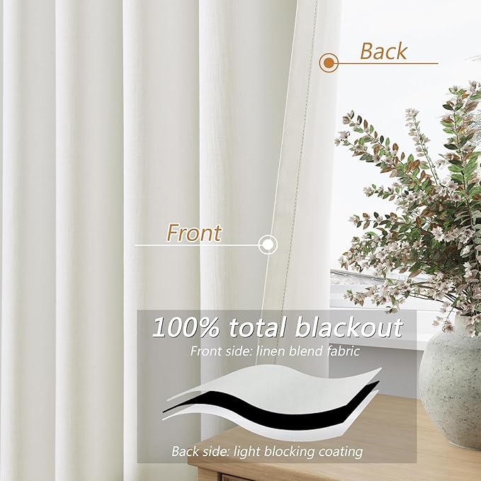 Ivory 100% Blackout Linen Curtains 80 Inch Length 2 Panels Set for Living Room Bedroom Back Tab Thermal Insulated Black Out Drapes Room Darkening Farmhouse Style for Bedroom Window Curtains 40 Wide