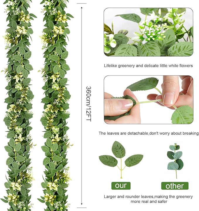 2Pcs 6FT Artificial Eucalyptus Garland with Flowers, Fake Greenery Vines Spring Ivy Leaves for Wedding Backdrop Arch, Table Centerpieces, Party, Home Room Party Indoor Outdoor Spring Decor