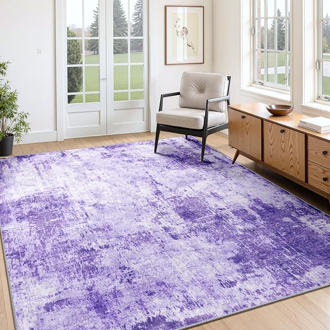 RELEANY Washable Area Rugs 4'x6' Non-Slip Modern Abstract Soft for Living Room Entryway Bedroom Nursery, Print Pattern, Purple Gray Pink White