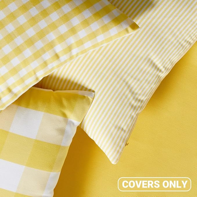 Yellow Striped Summer Outdoor Throw Pillow Covers 18x18 Set of 2, 18 x 18 Yellow and White Outdoor Throw Pillows, Modern Farmhouse Boho Decor Pillow Covers for Porch Patio (No Pillow Inserts)