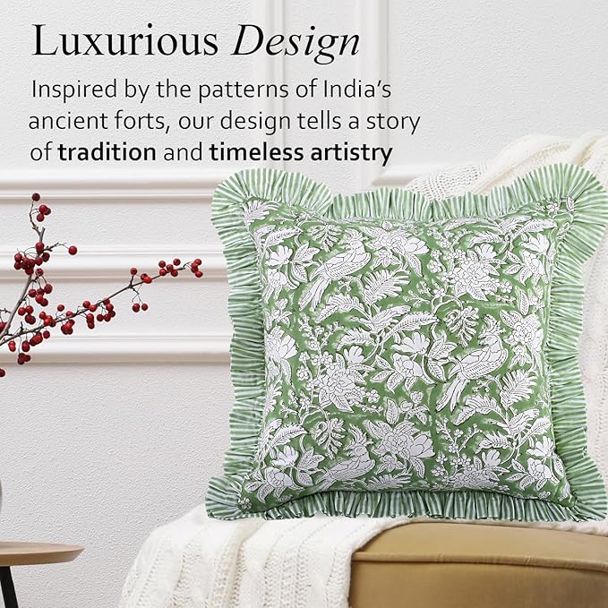 CPC Olive Green 100% Cotton Block Print Ruffle Pillow Cover 16X16 inch, Handmade Boho Floral Pillowcase, Farmhouse Cottagecore Bedding, Soft Decorative Cushion Cover for Bedroom Décor
