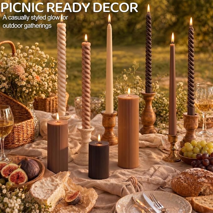 Conelist 9 Pcs Modern Decorative Candles Set, 3 Pillar Aesthetic Ribbed and 6 Spiral Taper Twisted Candles, Unscented Soy Wax for Wedding Holiday Dinner Home Decor(Brown)