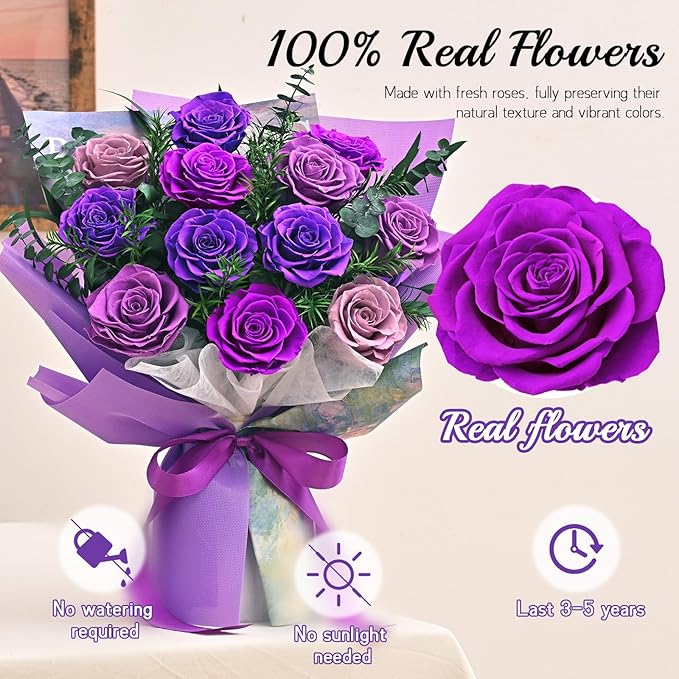 Flowers for Delivery Prime 12 Roses, Mothers Day Flowers for Mom, Mothers Day Gifts, Forever Roses Preserved Purple Flower Bouquet Eternal Rose Birthday Gifts for Women Gf Gifts Wedding Anniversary