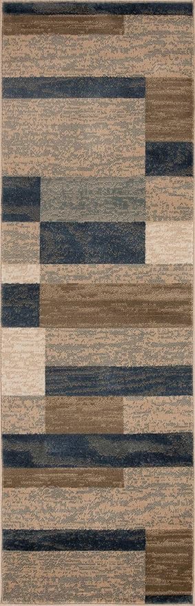 Superior Indoor Runner Rug, Jute Backed, Modern Geometric Patchwork Floor Decor for Bedroom, Office, Living Room, Entryway, Hardwood Floors, Rockwood Collection, 2' 7" x 8', Midnight Navy