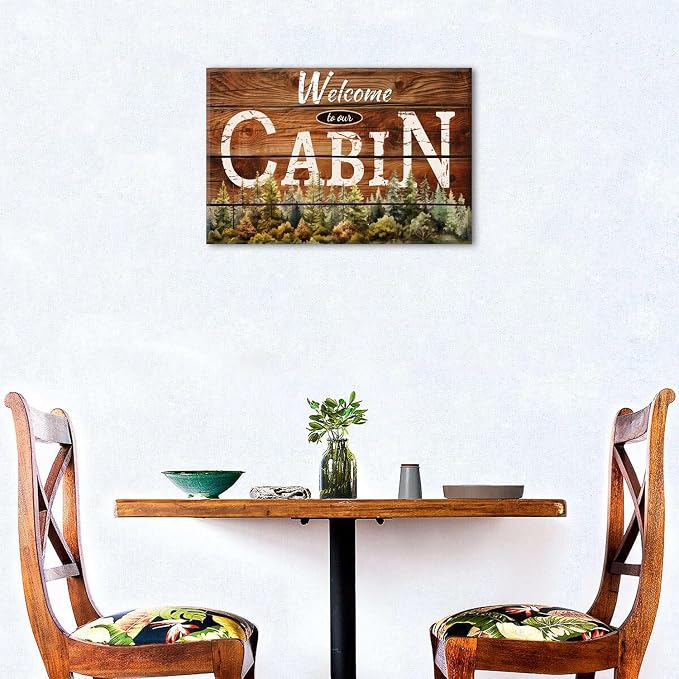 Vintage Cabin Wall Decor Brown Welcome to Ours Wall Art Rustic Cabin Decorations for Home Country Style Nature Forest Canvas Framed Artwork Living Room Bedroom Porch Entryway Lodge Decorative 16x24