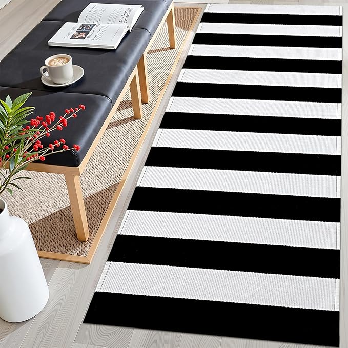 OLANLY Black and White Striped Rug 2' x 6' – Washable Cotton Indoor Outdoor Doormat for Front Door, Entryway, Kitchen, Porch, Patio Decor