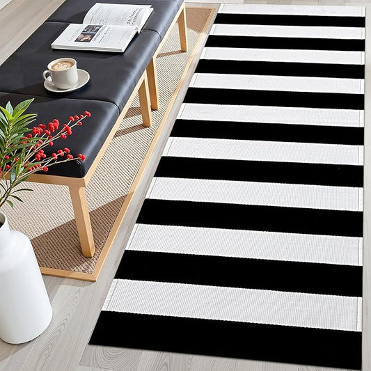 OLANLY Black and White Striped Rug 2' x 6' – Washable Cotton Indoor Outdoor Doormat for Front Door, Entryway, Kitchen, Porch, Patio Decor