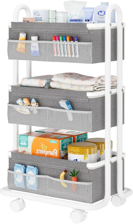 3-Tier Baby Diaper Caddy Organizer Cart, Mobile Nursery Storage Carts with Wheels, 3 Dividers & 6 Mesh Pockets Durable Metal Utility Cart for Nursery, Bedroom, Bathroom, Baby Essentials Organization
