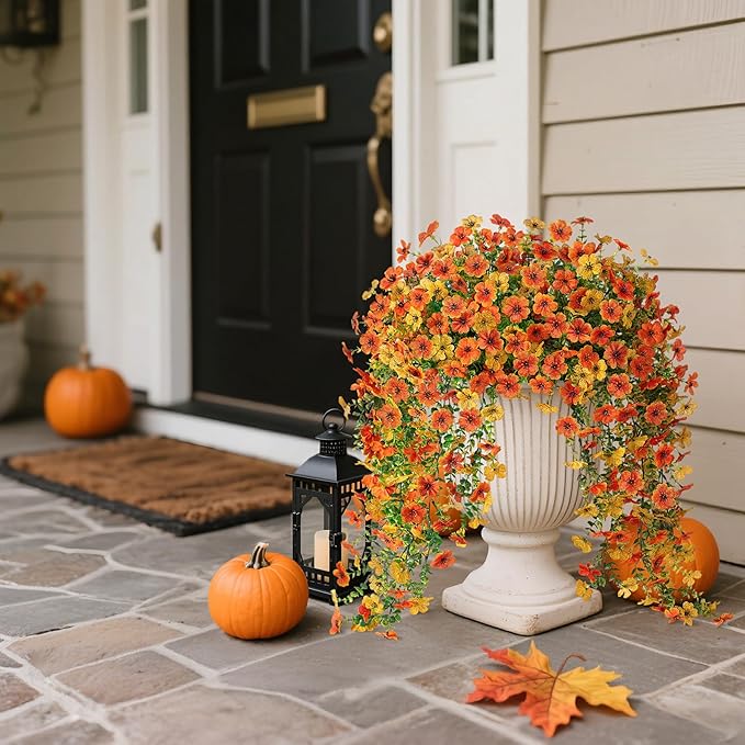 Ammyoo Artificial Hanging Flowers for Outdoors Fake Plants Decoration, 2 Packs Faux Silk Daisy Flower Realistic Outdoor Flowers UV Resistant Porch Patio Window Yard Indoor Spring Decor(Yellow Orange)