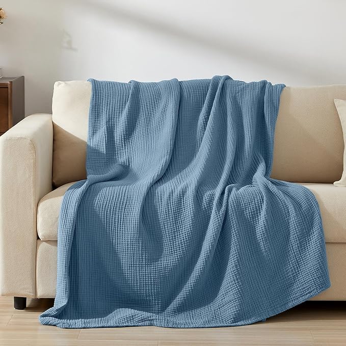 PHF 100% Cotton Muslin Blanket King Size 108"x90", 4-Layer Lightweight Gauze Throw, Breathable Cloud-Soft Minimalist Blanket for Bed, Couch, Camping & Baby, Denim Blue, Ideal Gift