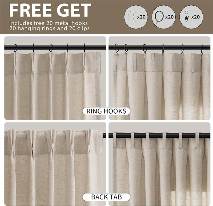 Oatmeal Beige Pinch Pleated Linen Curtains 108 Inch Length 2 Panels for Living Room Bedroom Elegant Farmhouse Country Privacy Light Filtering Semi Sheer Back Tab Drapes with Hooks for Nursery 40x108