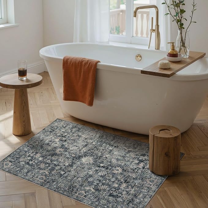 Rugxara Entryway Rug Door Mat, Washable Samll 2x3 Rug, Blue Boho Front Door Mat, Non Slip Area Rugs, Low Pile Throw Accent Entry Carpet for Indoor Entrance, Bathroom and Kitchen(Blue 2x3ft)