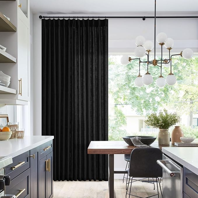 Extra Wide Curtains 90 Inches Long 60 Inch Width for Living Room Bedroom Light Filtering Semi Sheer Farmhouse Pleated Curtain Hooks Rings for Patio Sliding Door Large Window Black 1 Panel W70xL90