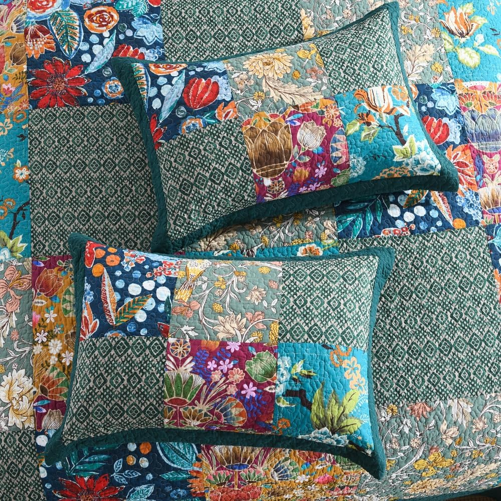 Autumn Dream Cotton Bedspread Quilt Sets Reversible Bedding Coverlet Sets Comforter, Vintage Floral Patchwork Turquoise Bedspread, King Size