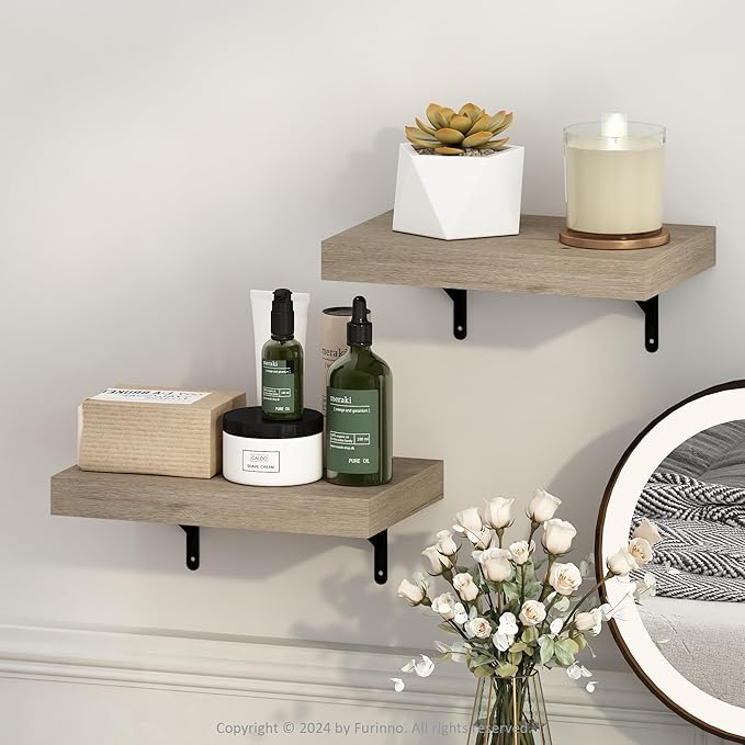 Furinno Tanna Floating Shelves for Wall Set of 2, 15-Inch Wall Shelf, Triple Thick Floating Mounted Shelf, for Bathroom, Home Office, Living Room, Natural