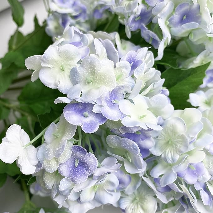 YalzoneMet Artificial Snowball Viburnum 4 Pcs 26.8 in Graduated Blue Small Hydrangea 2 Head Natural Lifelike Real Touch Faux Latex Long Stem Vibernum Flower for Home Decoration Outdoor Wedding Deco