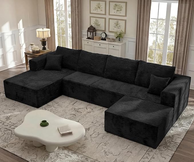 37.4'' Plush Fluffy Corduroy Ottoman for Boneless Couch in a Box, Modern Compressed Sofa, Small Comfy Rectangle Couch for Living Room, Bedroom, Black, (Ottoman)