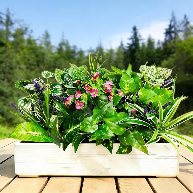 24 Pcs Artificial Plants for Outdoors Faux Greenery Leaves UV Resistant Realistic Plastic Large Bunches Shrubs Bushes with Flowers, Fake Plants Decor Outdoor for Front Porch Door Patio Garden Yard