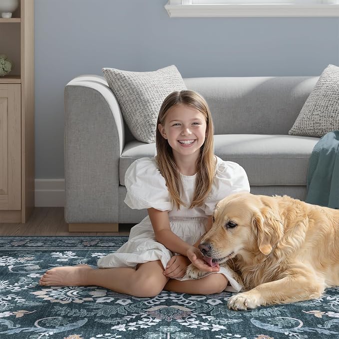 DCX Navy Blue 5x7 Area Rug, Machine Washable Non Slip Stain Resistant Soft Vintage Floral Rug, for Living Room, Bedroom, Dining Room, Soft Low Pile Large Carpe