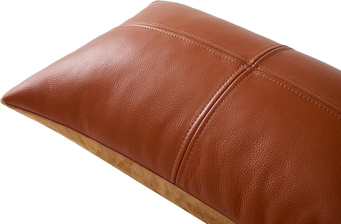 Full Grain Leather Lumbar Pillow Cover (14" x 22") (Brownish Orange) | Cowhide Sofa Cushion Case Thick Genuine Leather Throw Pillow for Living Room Bedroom and Home Office, Pack of 1, Cover Only