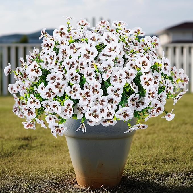 24 Pcs Artificial Fake Pansy Flowers for Outdoor,Faux Silk Plants Flowers UV Resistant Pansies Spring Flowers for Planter Front Door Porch Yard Patio Garden Window Box Home Decor(White)