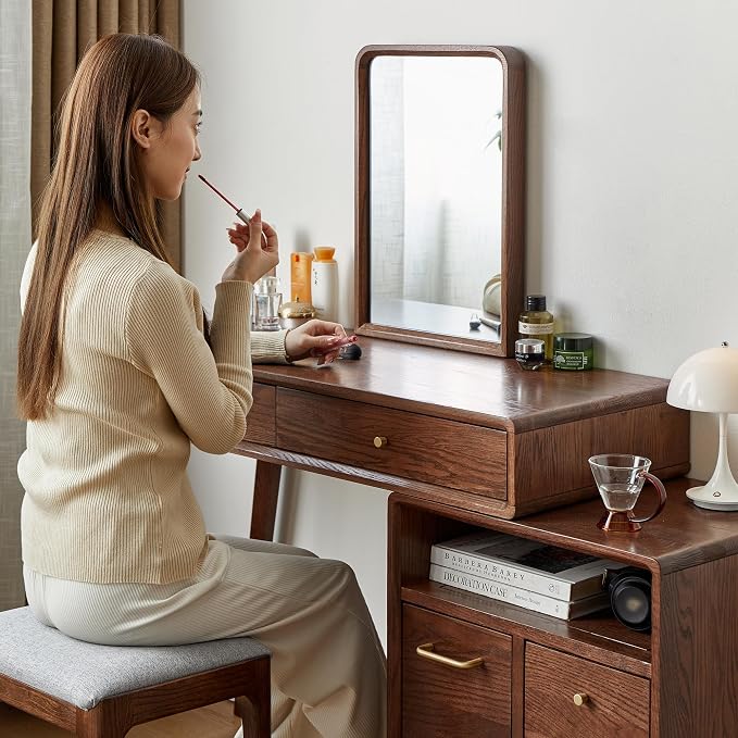 Extendable Vanity Desk with Dresser, 40 to 57 Inch Oak Makeup Table, Storage Writing Desk for Bedroom, Vanity Set for Girls and Women, No Chair