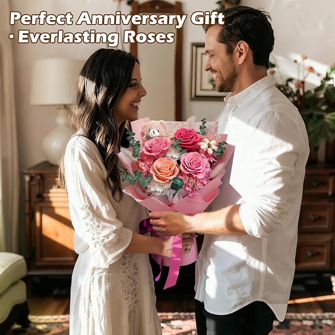 Preserved Flowers Bouquet with Bear&Photo Clip,Last 1-3 Years,4 Real Roses,Flowers for Delivery Prime,Valentine,Mother's day,Anniversary,Birthday Gifts for Grandma Mom Wife Daughter Women Her,Pink
