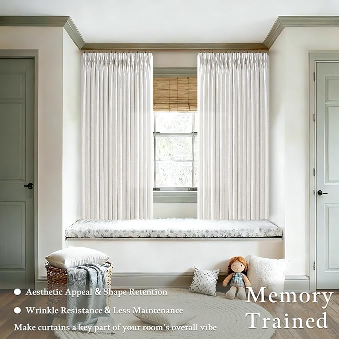 Beige White Linen Pinch Pleated Window Curtains 63 Inch Long Pinch Pleat Back Tab Light Filtering Drapes Rings Hooks Boho Farmhouse Decor Semi Sheer 63 Inch Curtain for Bedroom Living Room Kitchen