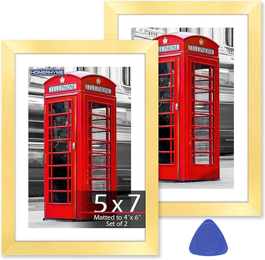 5x7 Picture Frame Set of 2, Gold Photo Frames for Gallery Wall Mounting or Table Display, Display Pictures 4x6 with Mat or 5x7 Without, Poster Frames with Plexiglass for Home Office Decor