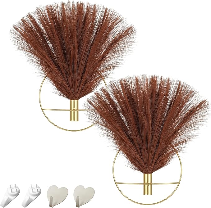 Pretty Jolly Boho Wall Decor - Mounted Metal Hanging Artificial Pampas Display, Art for Living Room, Bedroom, Bathroom, Dining Room - Plant Wall Decor 2 Pack