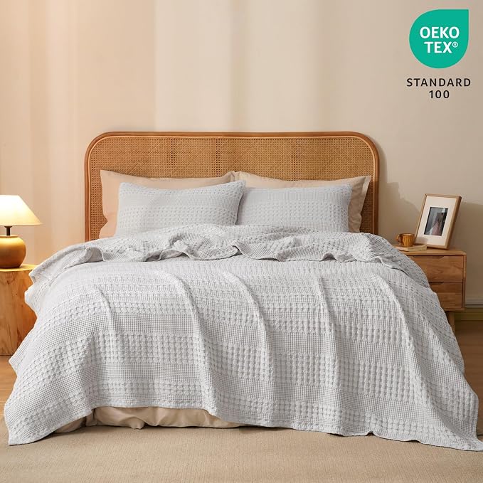 PHF 100% Cotton Waffle Blanket King Size for Bed, Lightweight Breathable and Soft for Summer, Luxury Aesthetic Waffle Weave Blanket for Home Decor & Gifts for Women, 108"x90", Light Grey