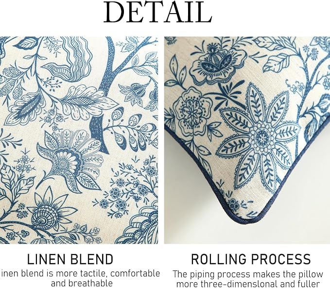 ISAENNE Designer Linen Square Throw Pillow Cover,Set of 2,18"x18"-Ruyi B | Vintage French Elegant Pillow Cover,Concealed Zipper Design,Blue Floral Pattern,Sofa,Bedroom,Living Room,Lounge Chairs