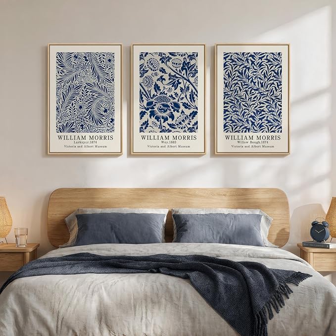 Framed William Morris Wall Art Set of 3, Large Vintage Blue Botanical Floral Canvas Prints, Farmhouse Aesthetic Wall Decor for Living Room Bedroom Hallway Office, 16x24 Inch