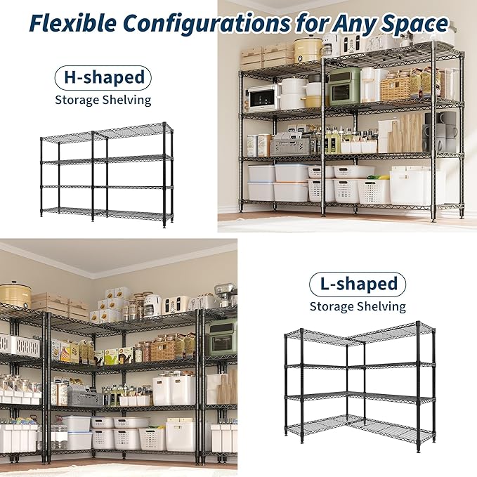 Garvee 70.8" W Storage Shelves Metal Shelving Unit, 4-Tier Heavy Duty Wire Shelving Extra Wide L-Shaped Storage Rack for Apartment Pantry Kitchen Corner Bedroom