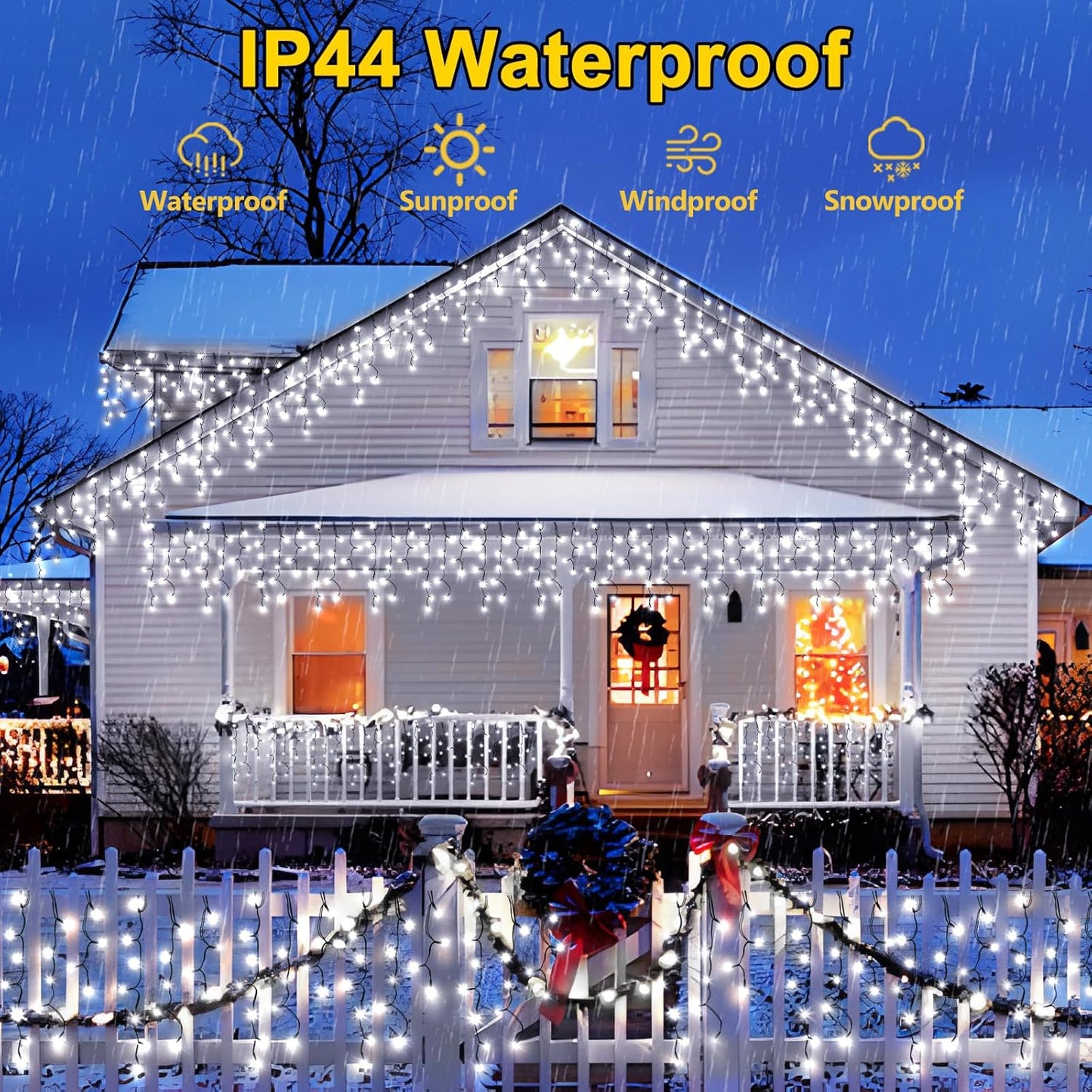 KNONEW 33FT 400 LED Christmas Lights Outdoor Black Wire String Lights with 75 Drops, 8 Lighting Modes, Timer Memory Function Connectable Hanging Curtain Lights for Halloween Party Decor (Cool White)