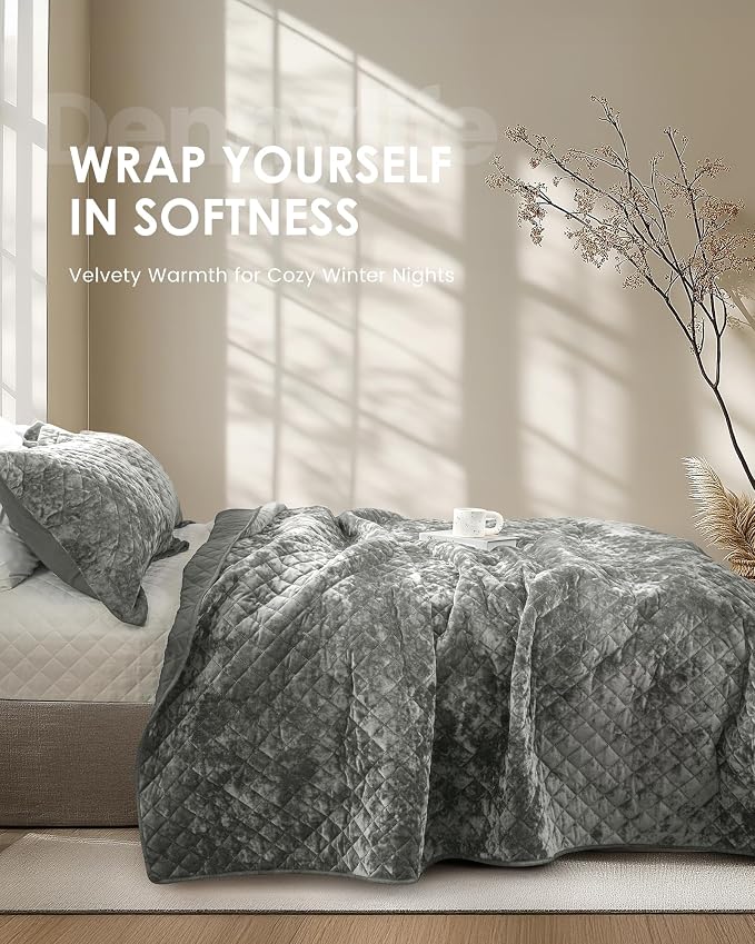 Luxury Velvet Queen Quilt Set- Ultra Soft Lightweight Velvet Comforter Set- Oversized Bedspread Coverlet with 2 Shams Diamond Pattern- for All Season (Dark Grey)