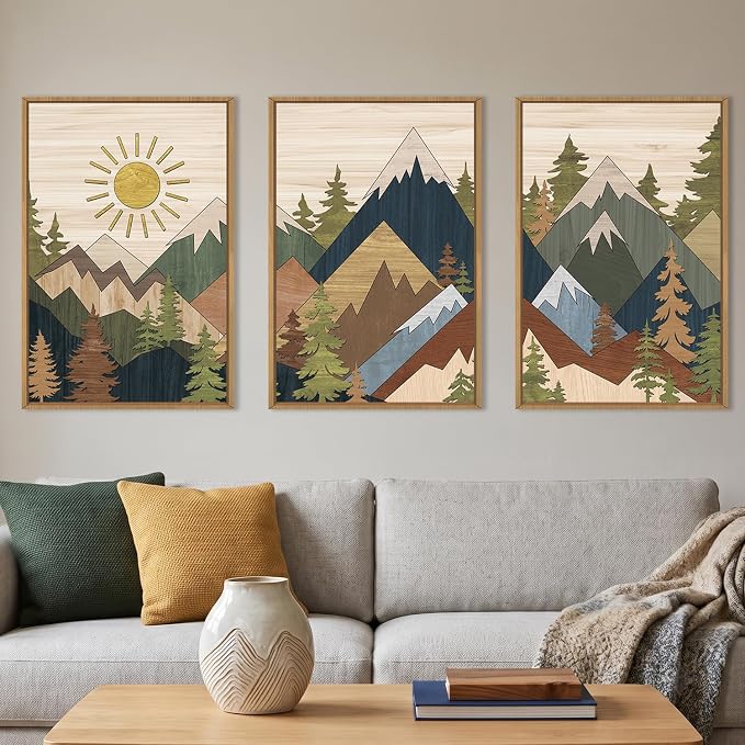 BICERE Large Abstract Mountain Woodcut Framed Canvas Wall Art,Vintage Pine Tree Wall Decor,Rustic Nature Forest Painting,Neutral Artwork for Living Room,Bedroom,Dining Room,Farmhouse -16"x24"x3