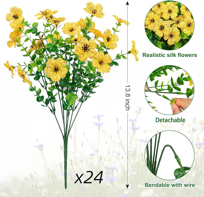 Ouddy Decor 24 Bundles Artificial Flowers for Outdoors Fake Silk Flowers UV Resistant Faux Plastic Plants for Spring Summer Garden Porch Window Box Table Vase Home Indoor Outdoor Decoration, Yellow