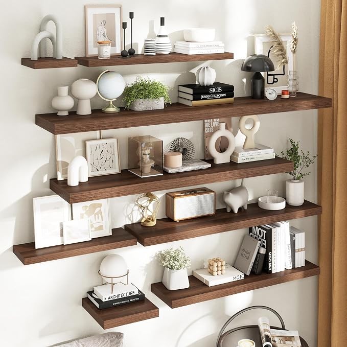 55 Inch Floating Shelves for Wall with Invisible Brackets Set of 2, 12"D Engineered Wood Wall Shelves with Wood Grain for Living Room, Bedroom, Bathroom, Kitchen Decor and Storage, Walnut Finish